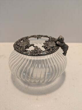 Vintage 1992 Rawcliffe Pewter Flowers Baby Bear Lidded Potpourrie Dish Decor